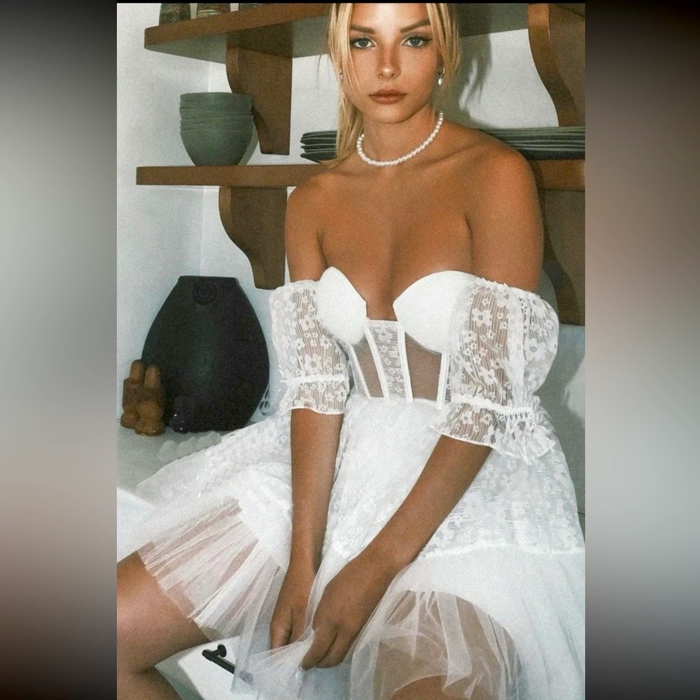 (Last 2)❣️White boho mini lace off festival shoulder dress - Picture 4 of 8